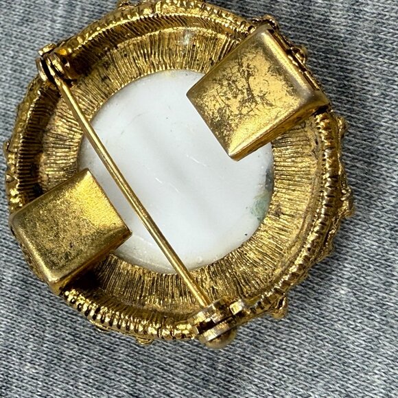 Vintage Victorian-Style Hand-Painted Porcelain Brooch With Gilded Filigree Frame - Picture 11 of 16